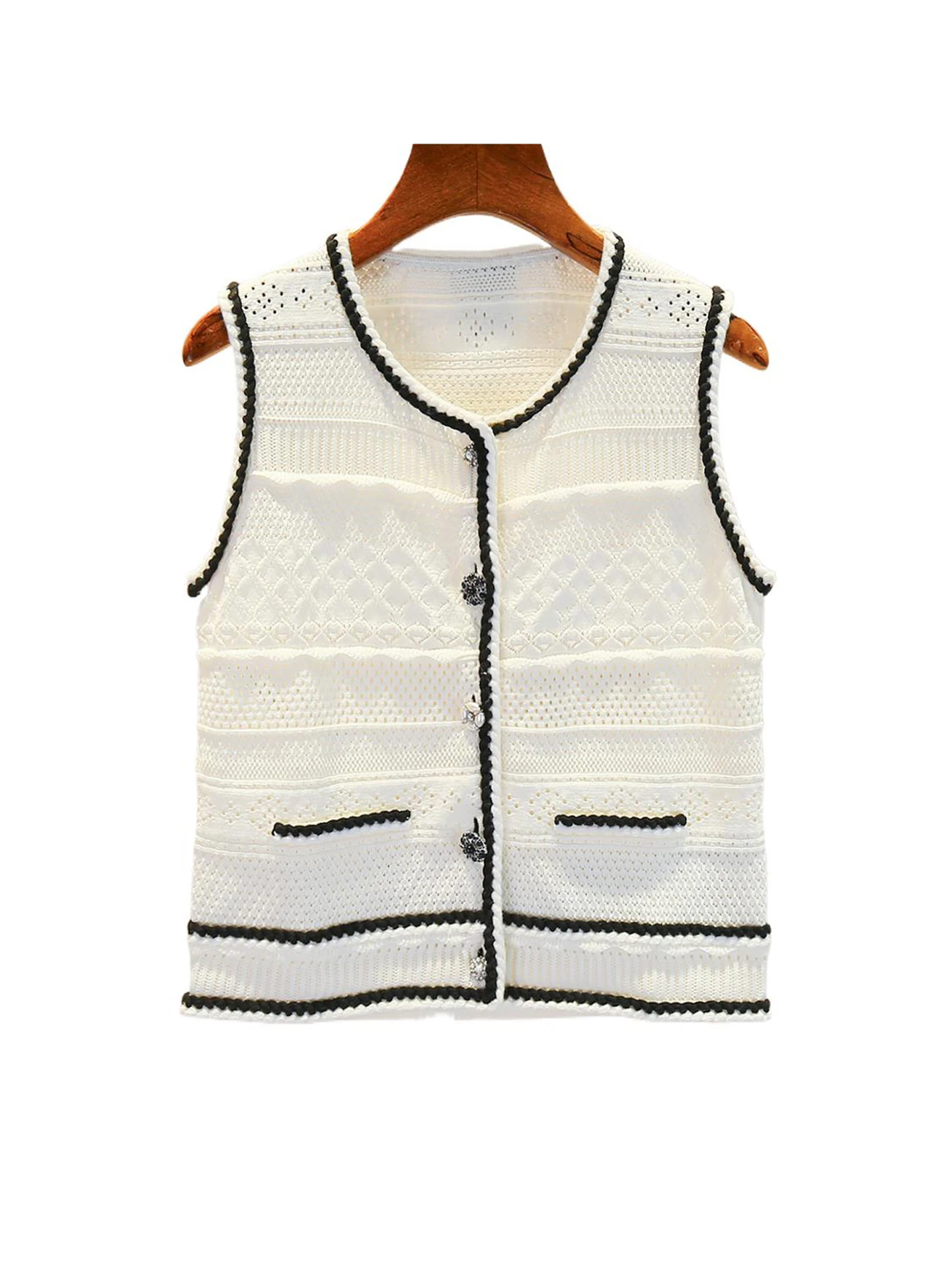 

High-End Summer Knitted Hollow out Cardigan Vest Top for Women Commute Sle ort Length Single Button Pure Color Design