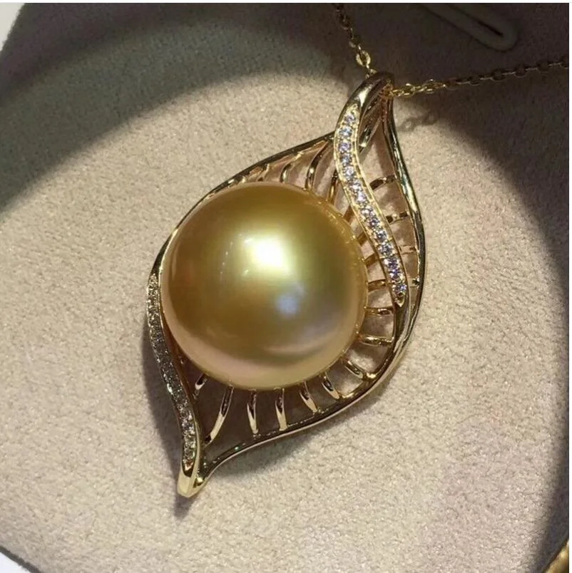 Large AAAA 11-12mm South China Sea Round Gold Pearl Pendant Necklace 18 inches 925's