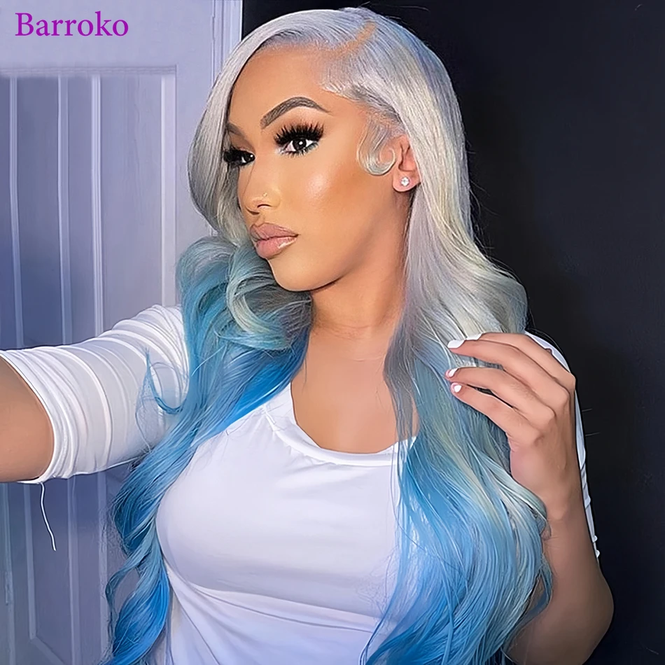 Barroko 13 x6 körper welle spitze frontal perücken menschliches haar 613 omber graublau gefärbte transparente spitze front menschliches haar perücken für frauen