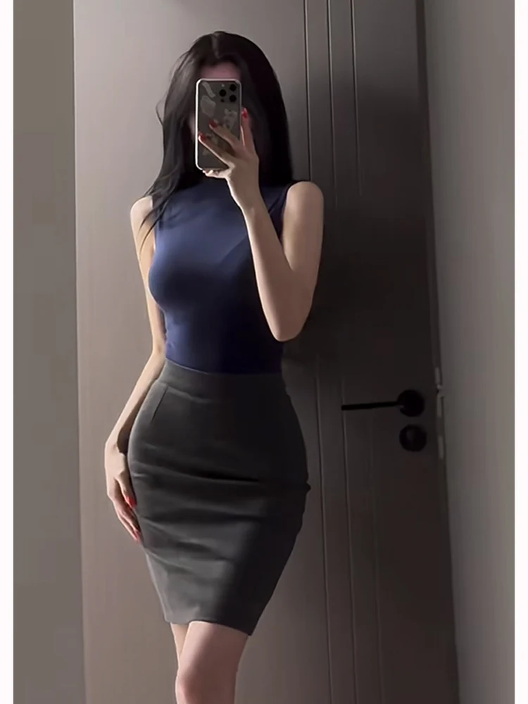 

Pure Desire High Waist Bodycon Elastic Spicy Girls Skirt f-length T-irt Women's Slim Fit High-ne Summer Faion Set