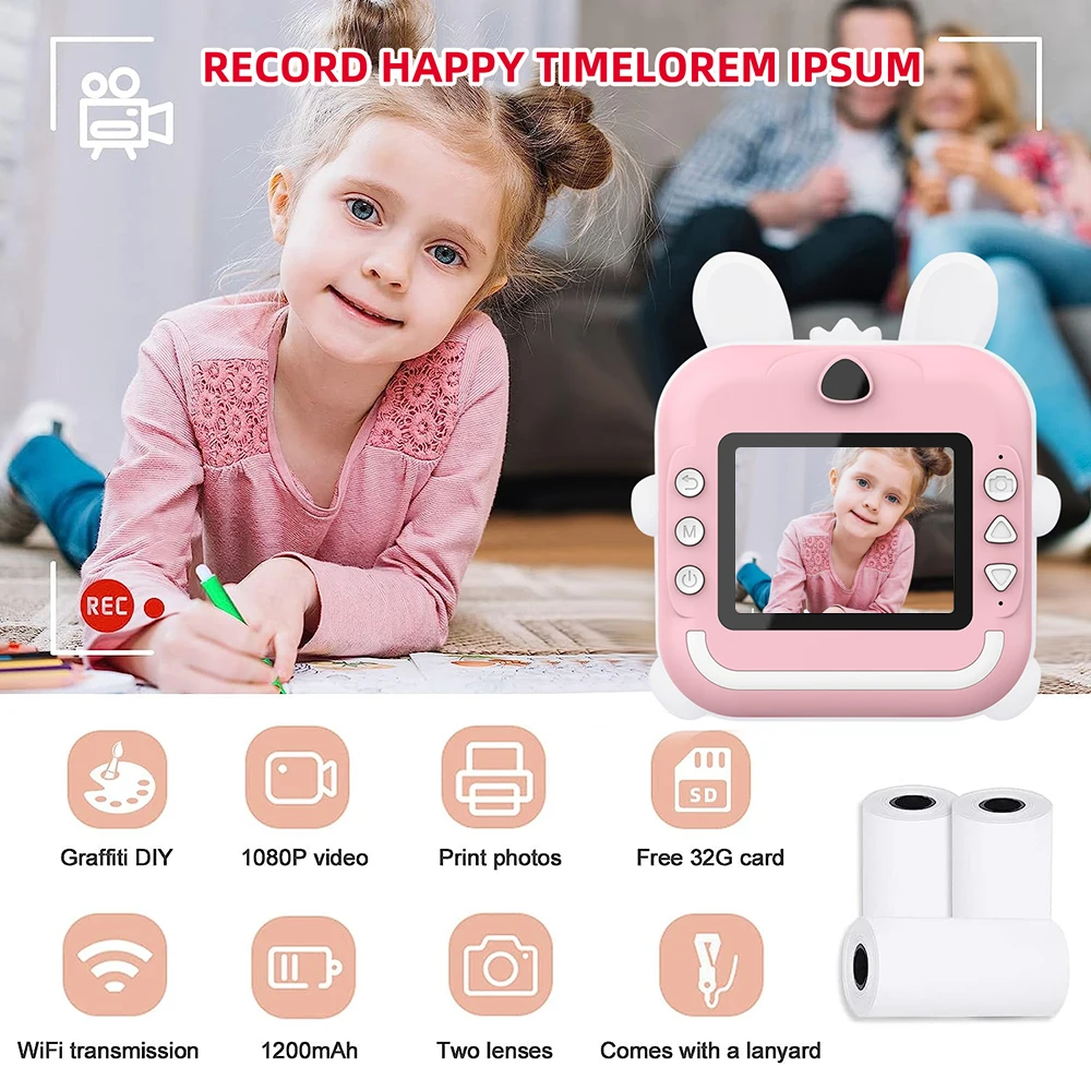 24MP Kids Digital Photo Camera 2.4inch IPS Screen Child Camera Instant Print Video Recording Take Pictures 1080P HD Print Camera