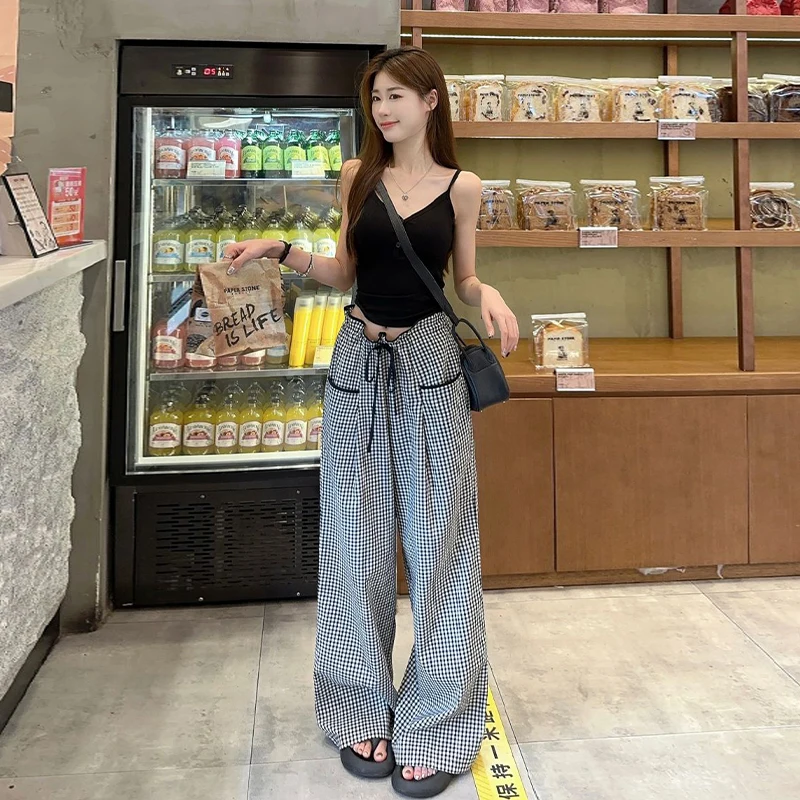 Korean Fashion High Waist Fine Plaid Fashion Casual Ins Style Trousers For Women