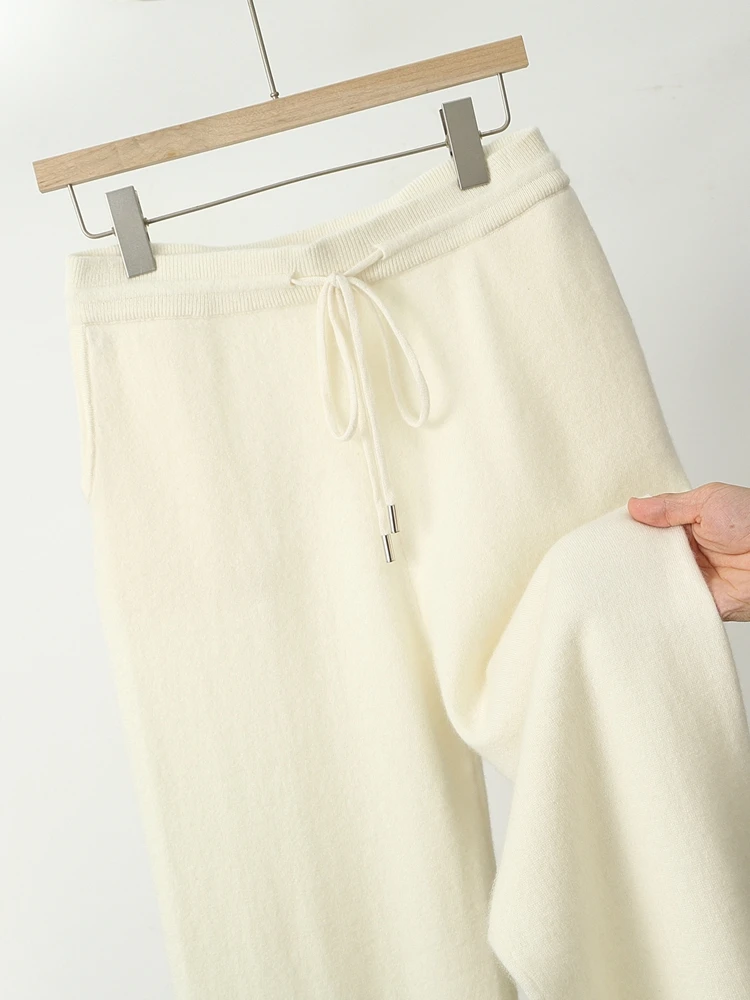 Autumn Winter Men Wool Wide Leg Pants Elastic Waist Drawstring Regular Trousers 100% Merino Wool Knitted Soft Smart Casual Pants