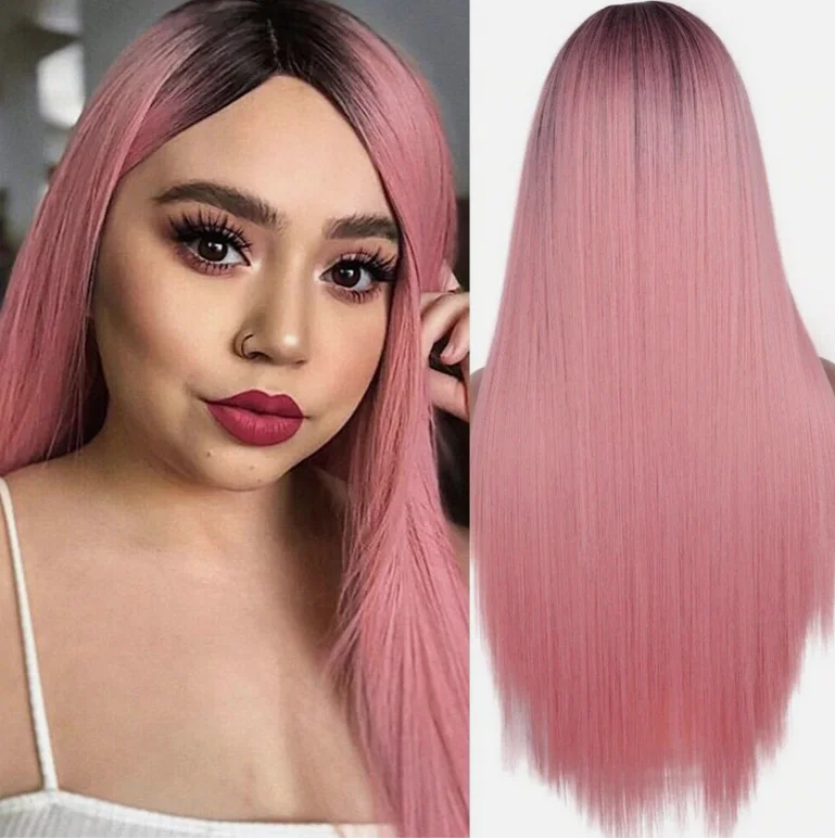 Synthetic Ombre Wigs Long Straight Black Pink Full Cheap Wigs Cosplay Daily Use