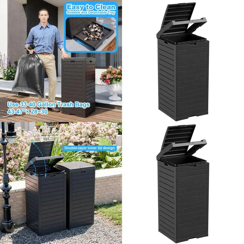

38-Gallon Waterproof Outdoor Trash Can with Dual Lid and Pull-Out Liquid Dispenser for Patio and Backyard (Black)