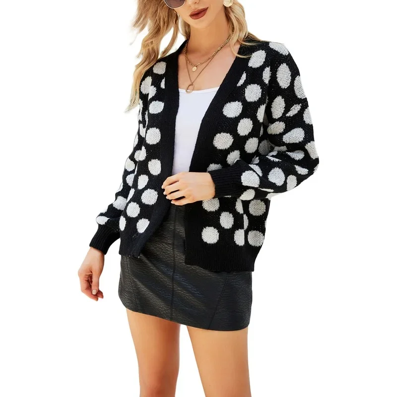 Women's Autumn Polka Dot Printed V-neck Long Sleeve Cardigan Sweater Street Casual Cardigan Knitted Oversize Sweater Jacket