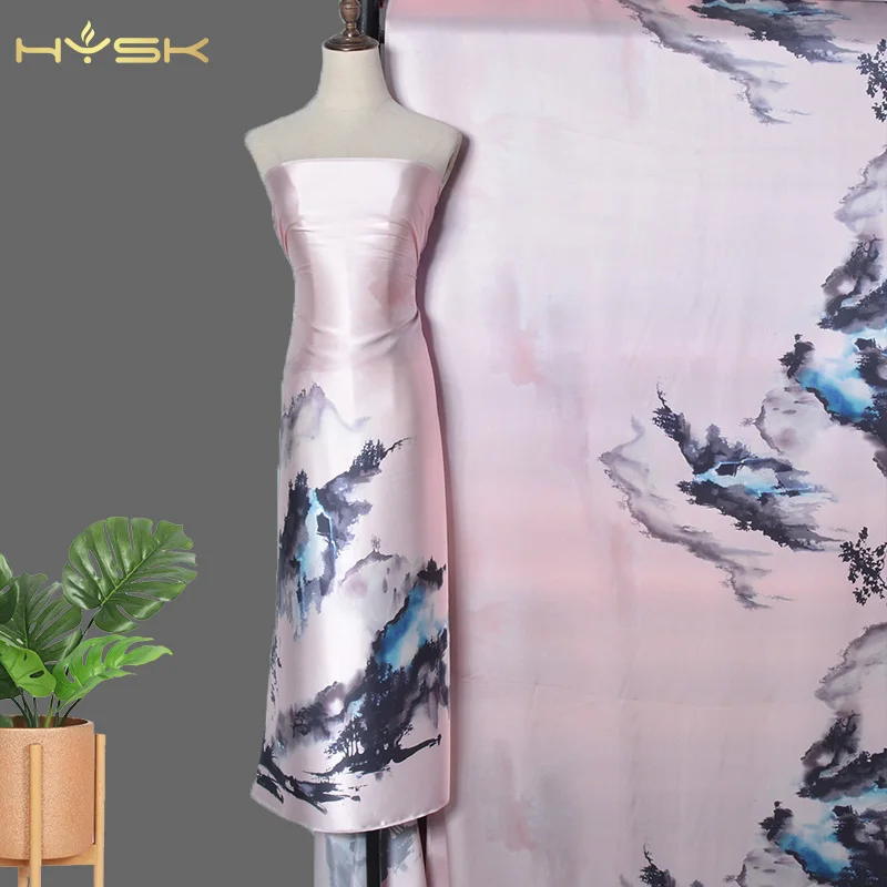 HYSK natural silk charmeuse Satin Fabric Digital Floral designer ankara tissu en soie dubai abstract by the meter african E2998