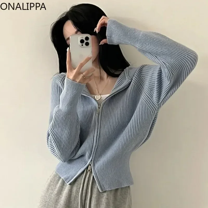 Onalippa Hooded Solid Pit Striped Knitted Cardigan Double Zippers Long Sleeves Cardigans Korean Fashion All Match Loose Sweater