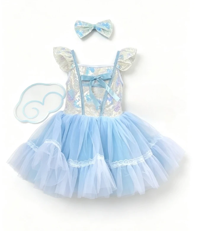 Girls Light Blue Sequin Tulle Dress With Bow Headband And Cloud Props For Kids Holiday Stage Dance Boys Girls Performance Outfit