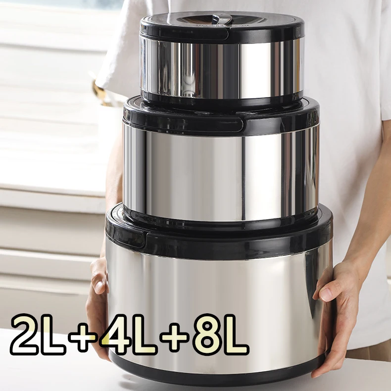 3pcs Black Stainless Steel Hot Pot Large-Capacity Insulated Double Wall Lunch Box Casserole Food Storage Container
