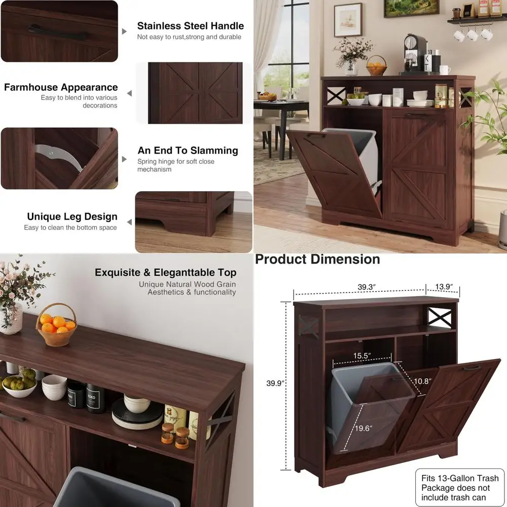 

Farmhouse Style Dual Tilt-Out Trash Bin Cabinet, 13x2 Gallon Capacity, Dark Brown, Ideal for Hidden Laundry and Dog-Proof Recycl