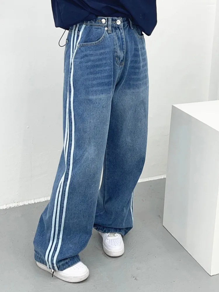 Jeans largos com listras azuis wahsed para mulheres, calças largas retas, calças jeans góticas de luxo, roupas femininas, moda coreana, Y2K, 2023