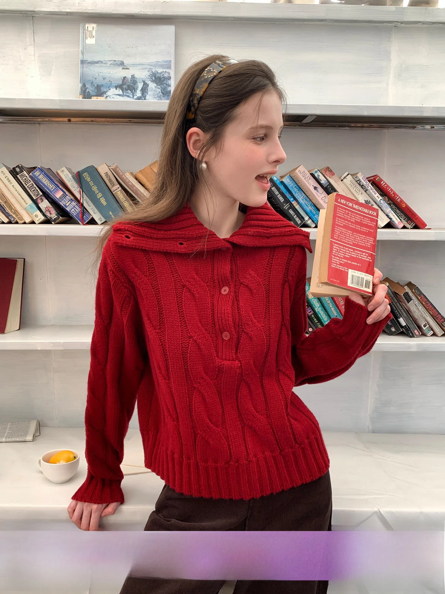 

Red Knitted Sweater with Twist Flower Design Casual Commute Simple Overhead irt Flip Collar Comfortable Soft Polyester Fiber