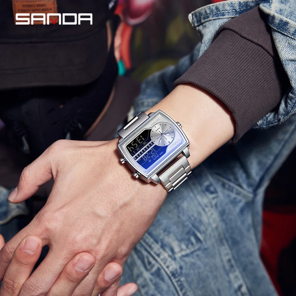 Fashion Sanda 6163 Luxury Men\'s Quartz Square Full Stainless Steel Countdown Sports Waterproof Dual Display Led Digital Watches