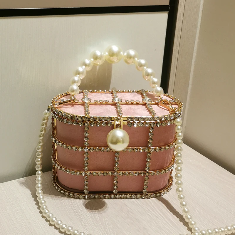 Diamonds Basket Evening Clutch Bags Women 2023 Luxury Hollow Out Preal Beaded Metallic Cage Handbags Lady Wedding Party Purse