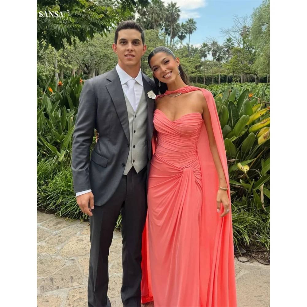 

Sansa Customized Coral Strapless A-Line With Shawl Prom Dresses Pleats Sleeveless Vestidos De Noche Floor-Length Formal Evening
