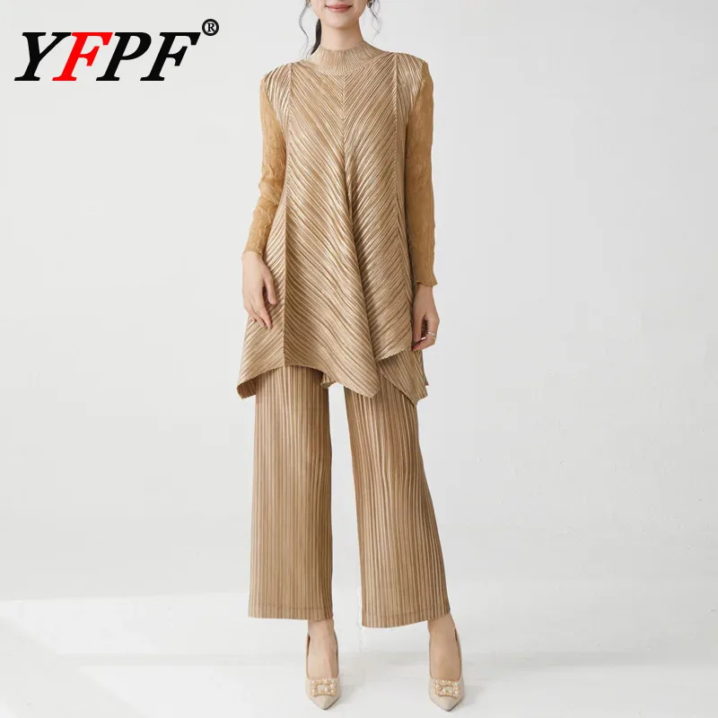 

YFPF Роскошный плиссированный женский комплект из 2 предметов, пуловер средней длины + широкие брюки, повседневная мода, новинка 2025, одежда 3A200