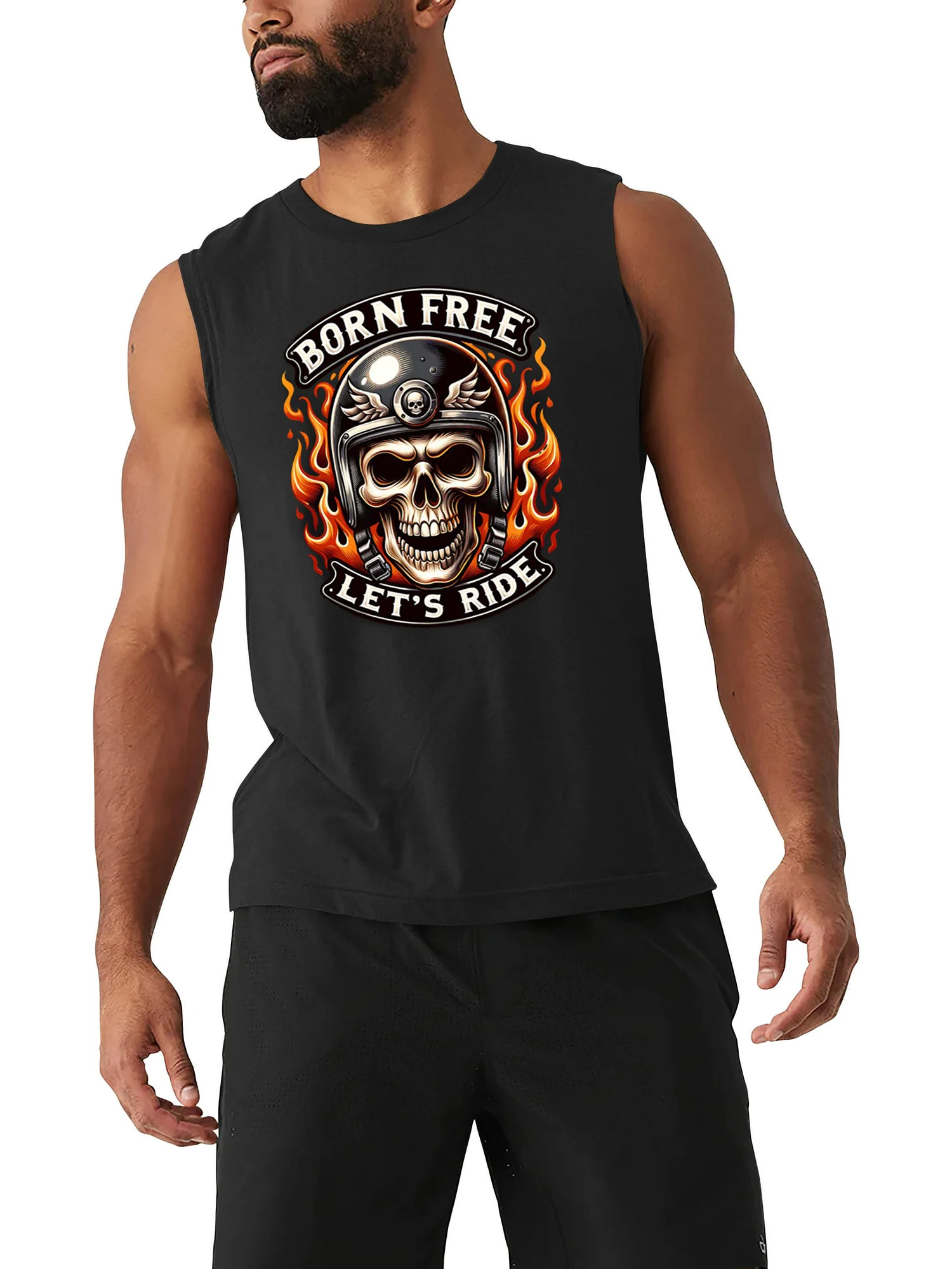 Born Free Let's Ride. Flame Skull Motorcycle Rider Motorcyclist Vest 100% Cotton O-Neck Tank Tops Casual Mens Sleeveless T-shirt