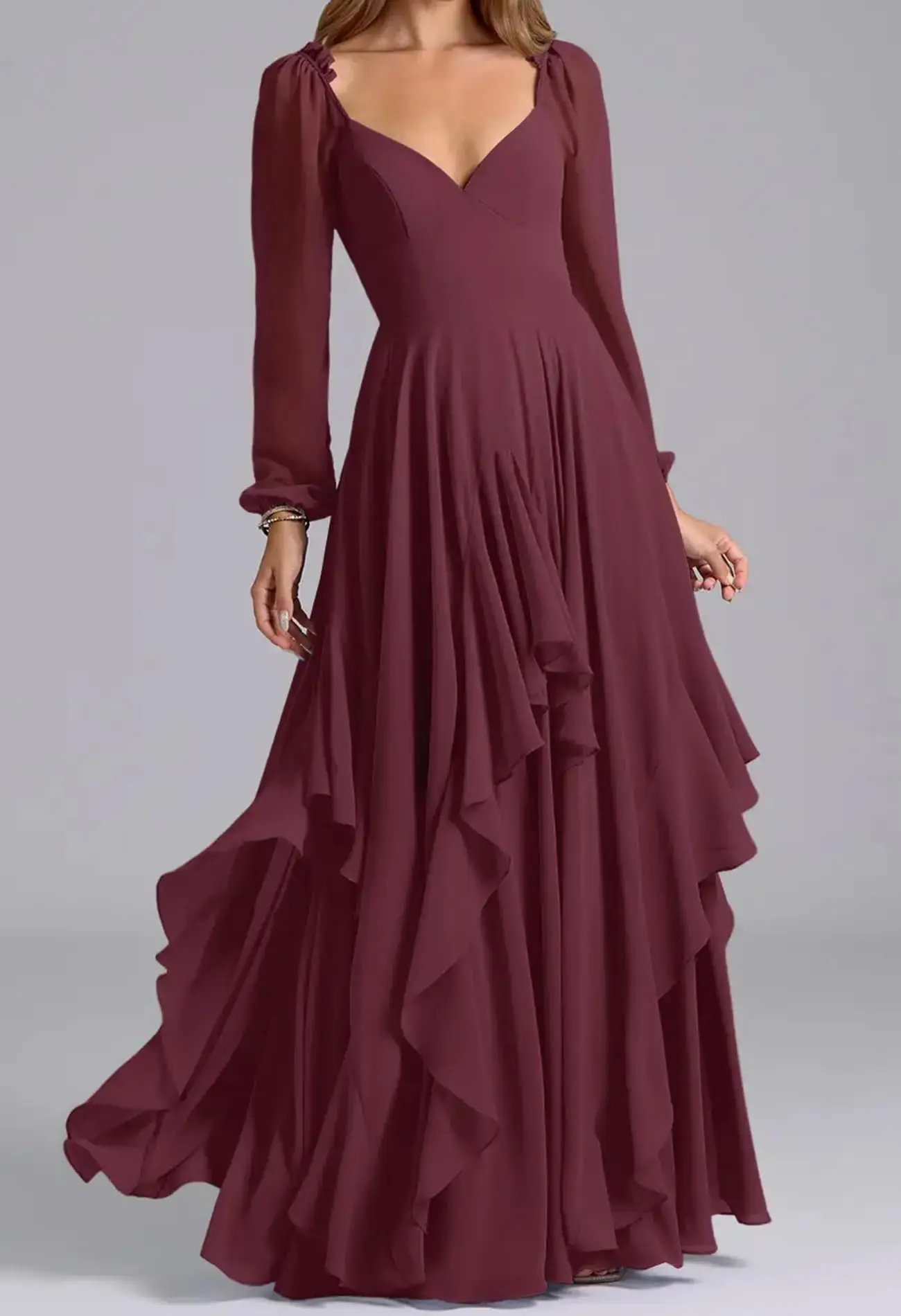 

Long Sleeve Bridesmaid Dresses for Women Chiffon V Neck Long Formal Evening Gown with Ruffles
