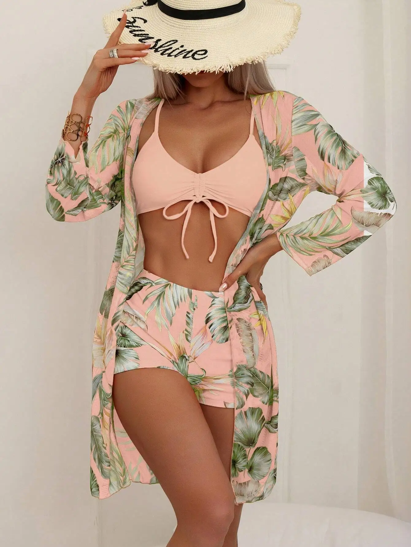 

Tropical Print Spaghetti Strap Bikini Set With Kimono Cover Up
