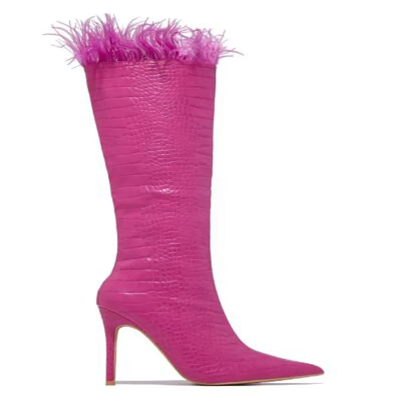 Autumn Women Black Hot Pink Red White Stone Pattern Leather Feather Fur Pointed Toe Thin Heels Knee High Boots Long Botas Shoes