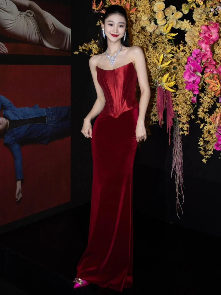 

Ele Bridal ower Serving Dr Korean Sle Long Skirt Wedding Engagement Par Banquet Host Tube Top Polyester Fabric