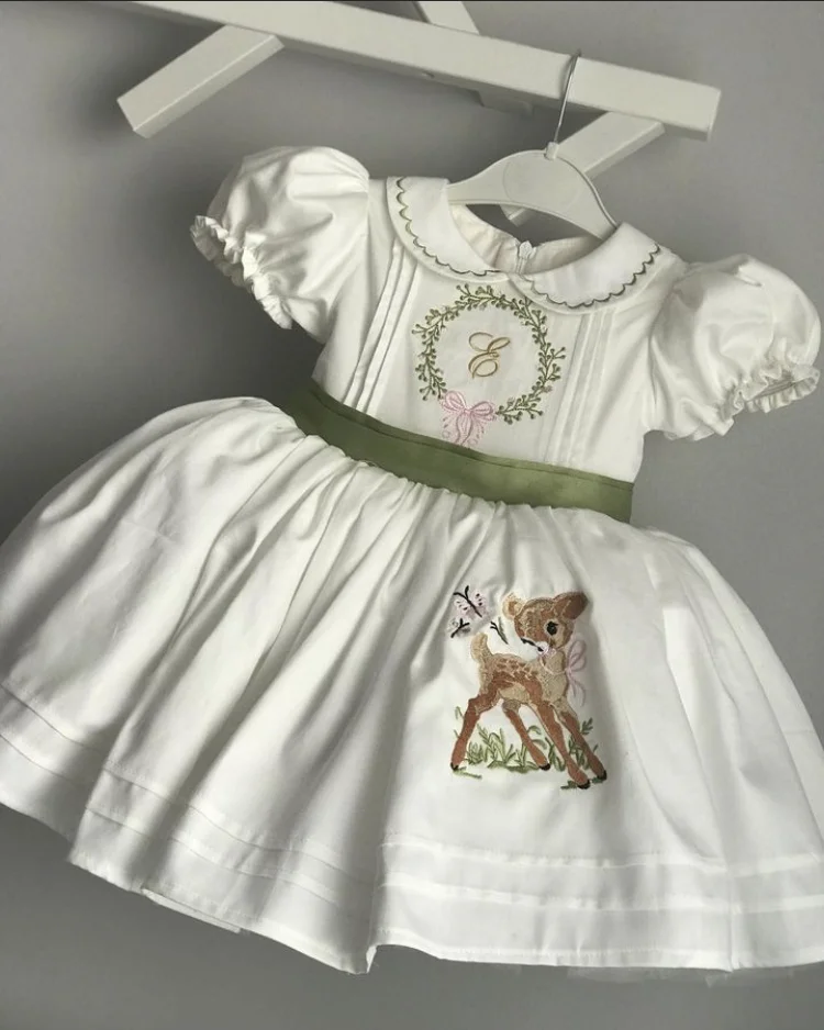 0-12Y Baby Girl Summer Deer Embroidery Turkish Vintage Lolita Princess White Dress for Birthday Holiday Casual Eid Baptism