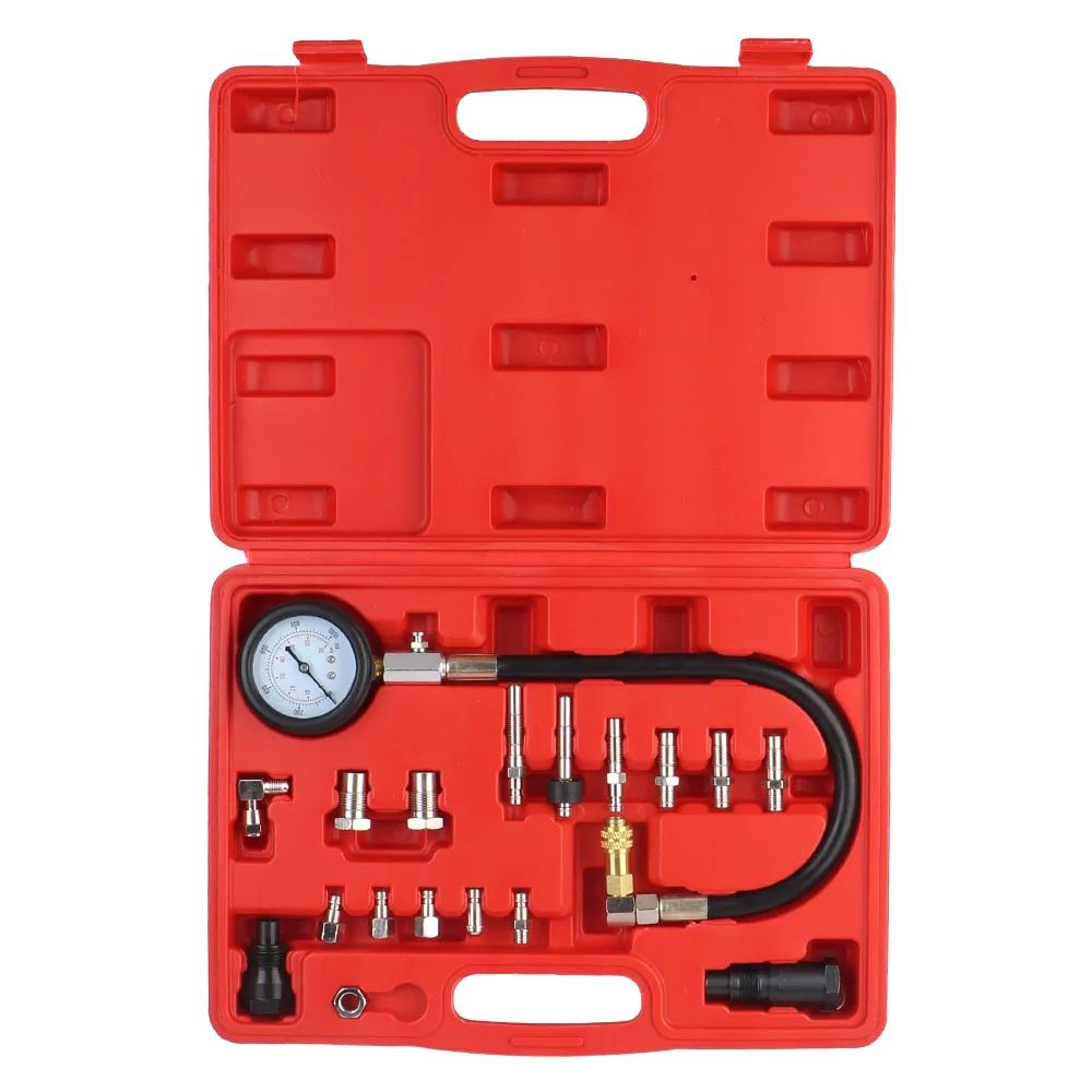 18PCS Gauge Kit Diesel Engine Cylinder Compression Tester Kit Gauge Diagnostic Tools Kit Car Tools 0-1000Psi Adapter Set TU-15A