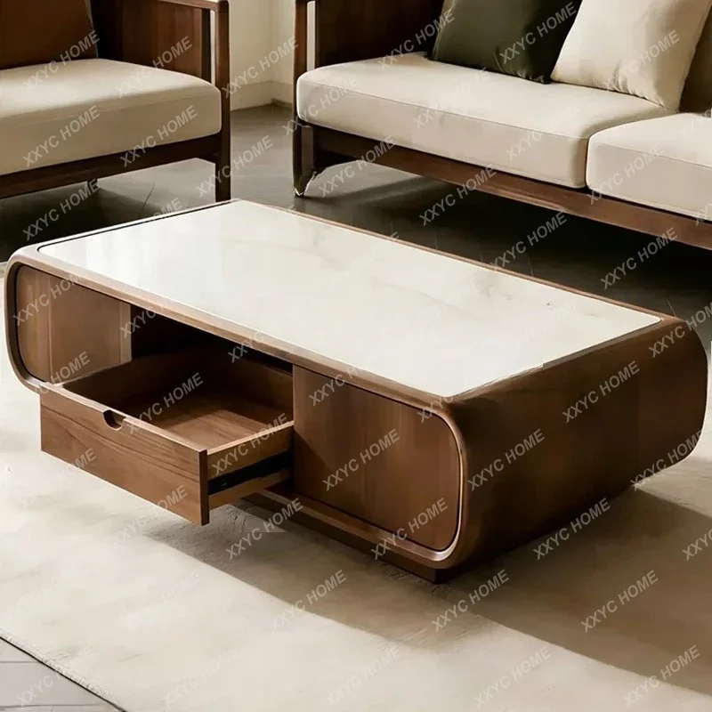 

New Chinese solid wood coffee table rock slab surface locker, living room light luxury coffee tableTJ