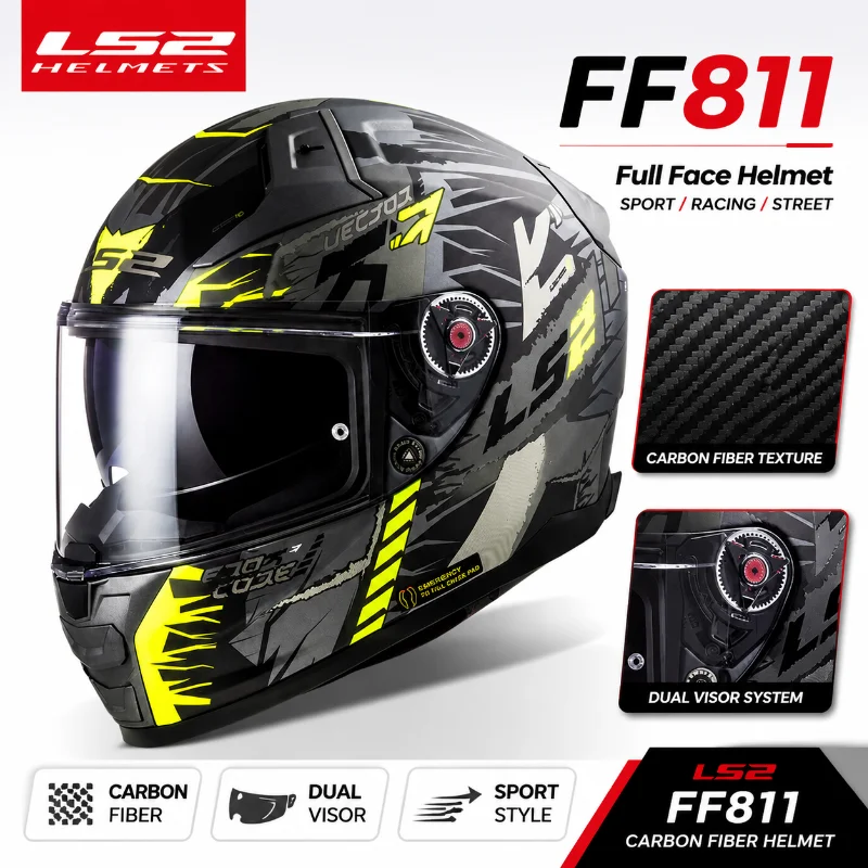 LS2 FF811 Carbon Fiber Full Face Motorcycle Helmet Dual Visor Sport Racing Helmet for Men Women Four Season Riding