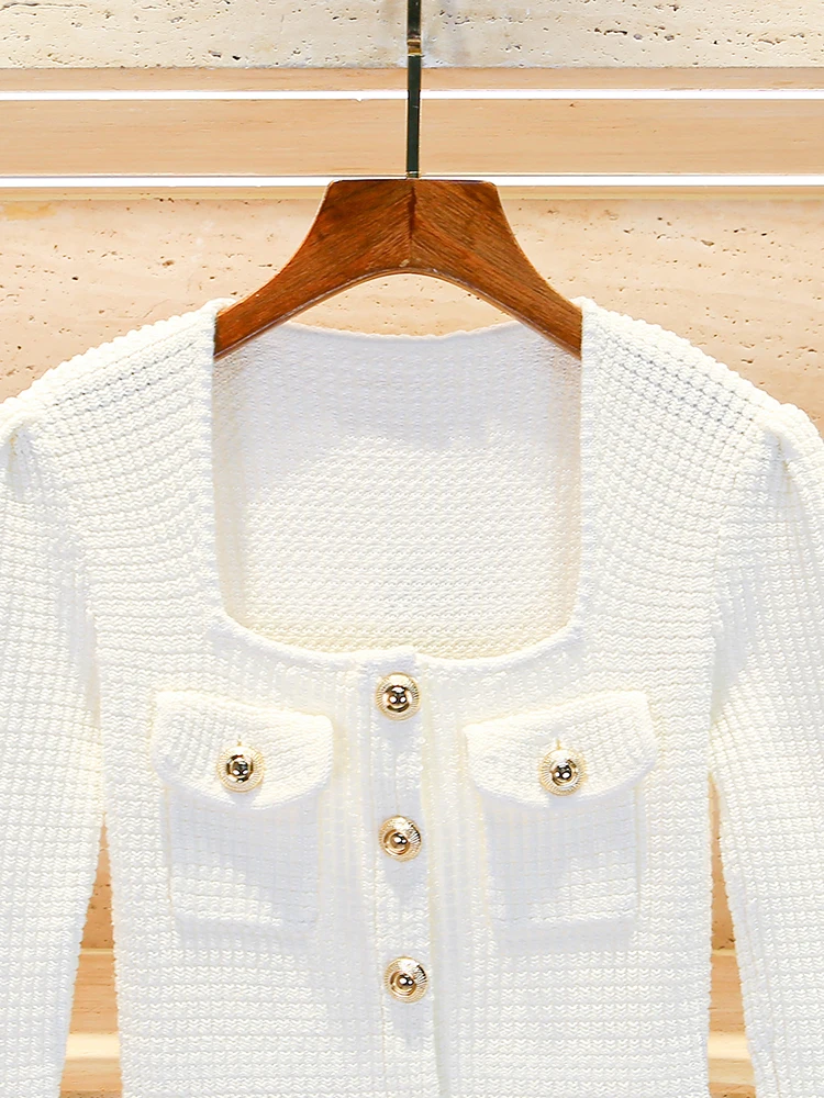 ハイエンド冬の女性のニットドレスホワイトスクエアカラーレース裾Aラインミディドレスソフトポリエステル繊維長袖