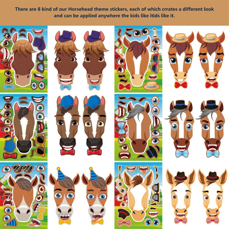 Make A Horse Sticker Sheets For Kids Boys Girls DIY Fantasy Animal Make a Face Stickers Children Fun Craft Activity Toys Gifts