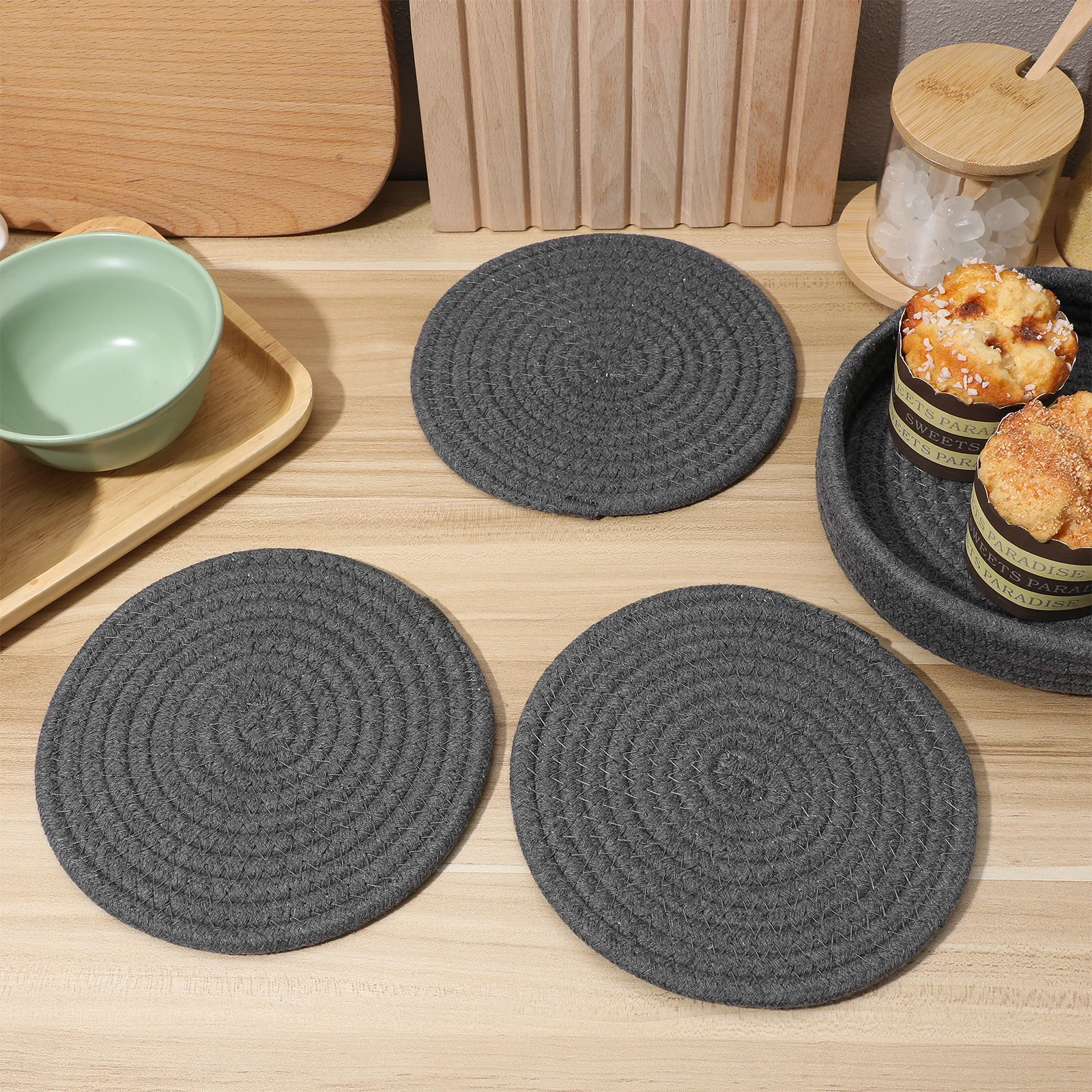 

1 set 1 Set Cotton Rope Placemats Round Woven Table Protectors For Kitchen Trivets Hot Dishes Pads Braided Coasters Home Decor