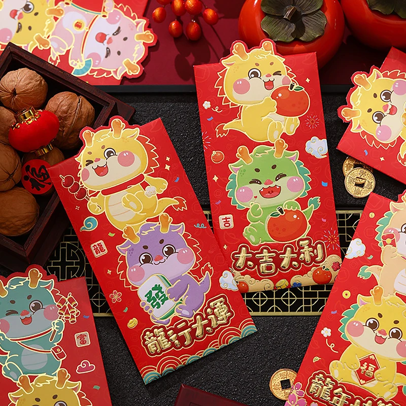 6 Stuks 2024 Chinese Drakenjaar Cartoon Lucky Rode Envelop Creatief Lentefestival Kids Cadeau Geld Enveloppen Rood Pakket