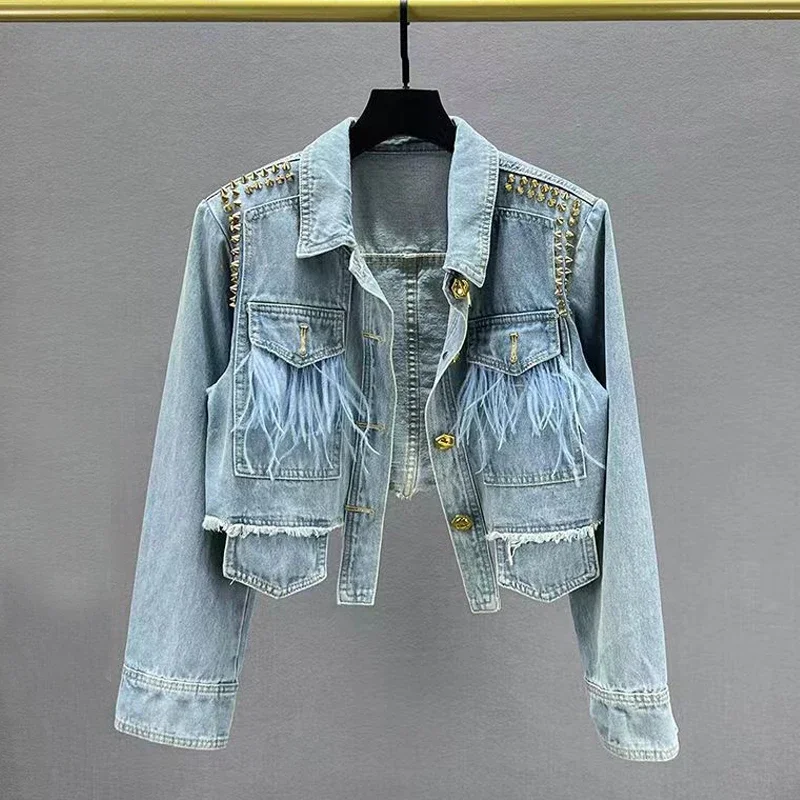 Jaqueta jeans com rebites irregulares vintage feminino, manga comprida, peito único, penas, jaqueta jeans curta, streetwear coreano, outwear azul