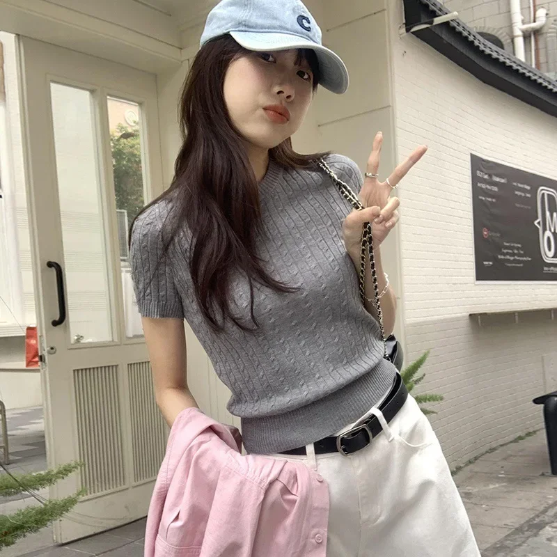 Niche Cable Knit Sensibility T-shirt Women's Solid Color Round Neck Short Sleeves Spring Autumn 2026 New Arrival Stock Available