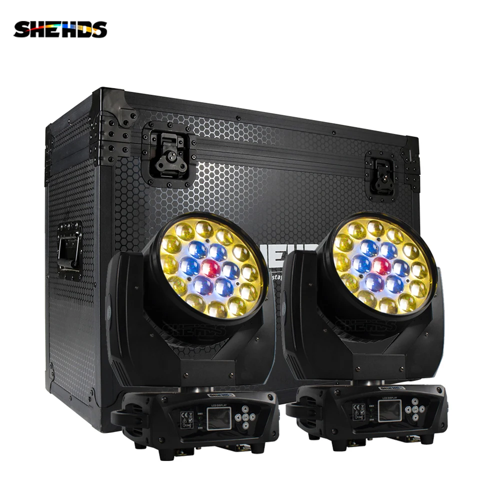 Shehds-ズームムービングヘッドライトフライトケース付き、LEDビームとウォッシュ、DJディスコバー、19x15w、rgbw、2個