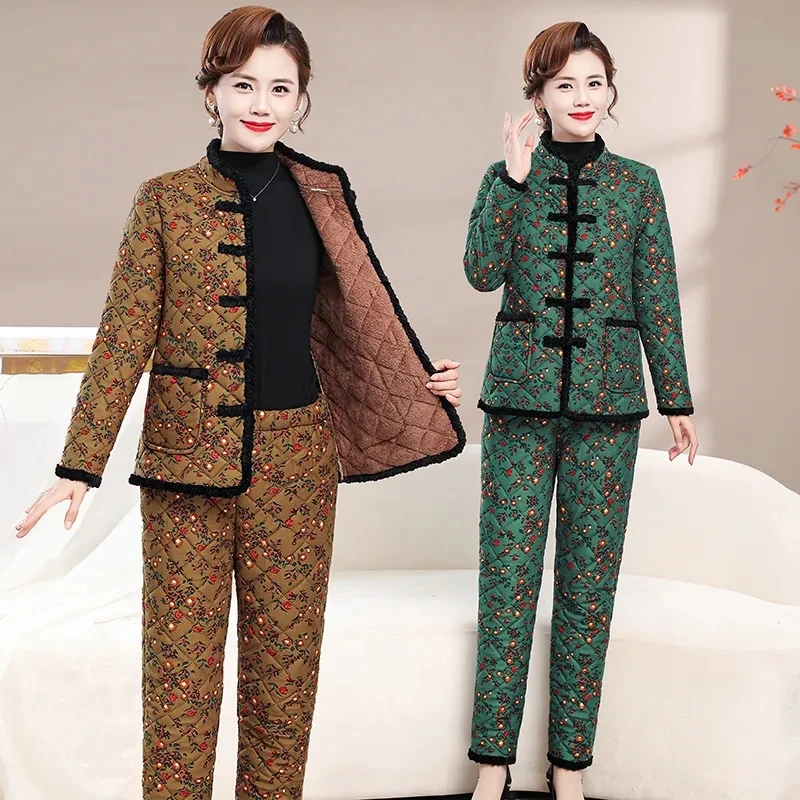 

2024 New Mother Clothing Cotton 2Piece Sets Autumn Winter Plush Warm Cotton Coat & Pants Sets Womens Print Cotton Suits Sets 5XL