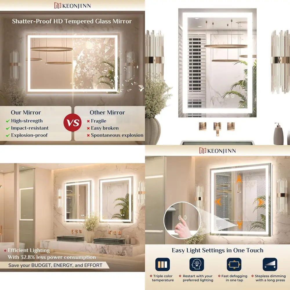 Espejo de tocador iluminado por LED de 20x28 pulgadas con antivaho, luces de 3 colores, vidrio templado HD, controlador con luz UL