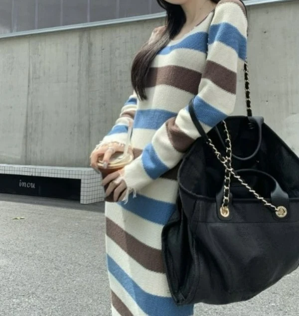 2025 vestido de malha listrado bloco de cores para mulheres outono e inverno fino ajuste camada interna bodycon vestido base camada fenda vestido longo