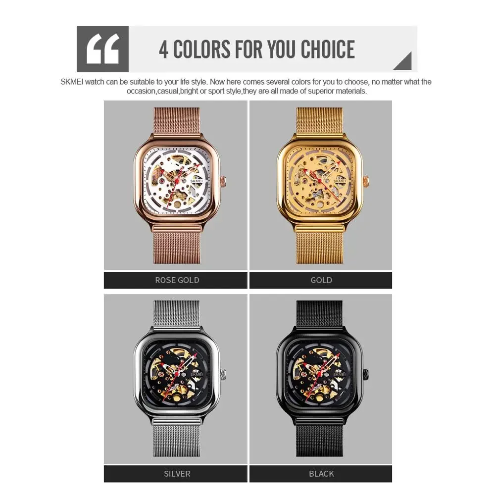 SKMEI 9184 Men Automatic Watch Quartz Waterproof Hollow Art Strainless Steel Strap montre homme Clock Fashion Mechanical Watch