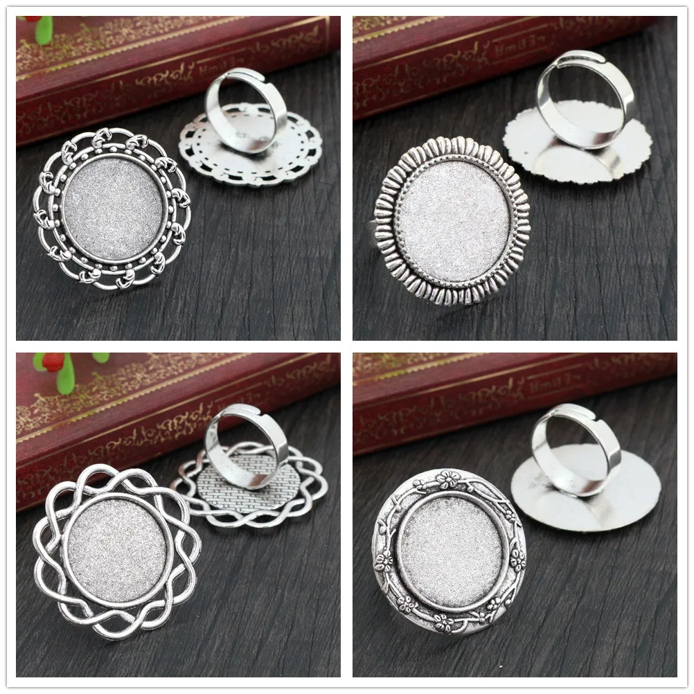 20mm 5pcs Antique Silver Plated Bronze Brass Mix Style Adjustable Ring Settings Blank/Base,Fit 20mm Glass Cabochons