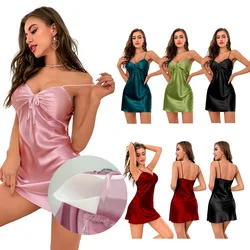 Ice Silk Pyjamas Female Summer Backless Halter Short Nightgown with Corset Ladies Homewear Peacock Green Large Size Loose Senior