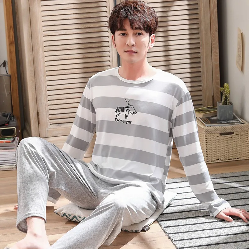 Spring and Autumn Long-Sleeved Long Pants Men\'s Pajamas Homewear Loose Casual Striped Nightwear Large Size Sleepwear Loungewear