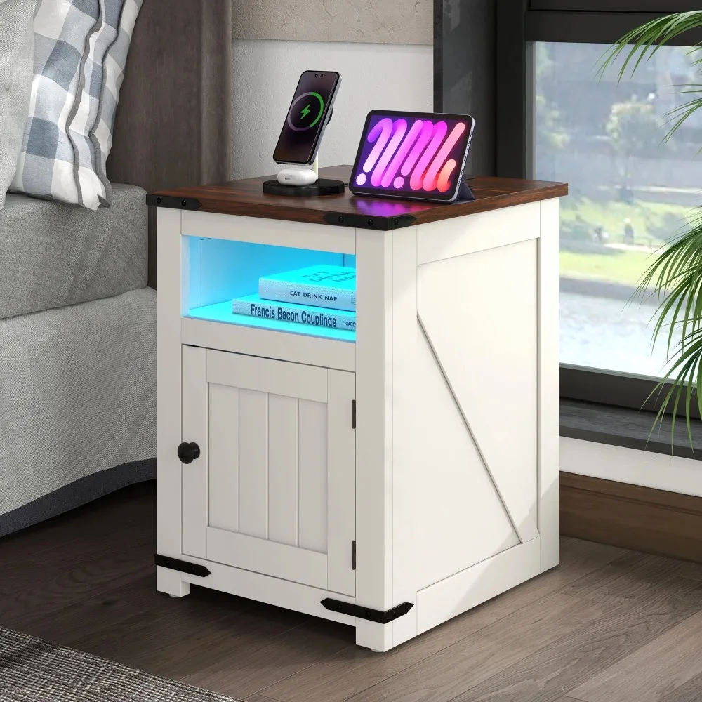 

Dextrus Farmhouse End Table with Charging Station and LED Lights , Side Table with Rustic Wood Storage Shelf Nightstand for Livi
