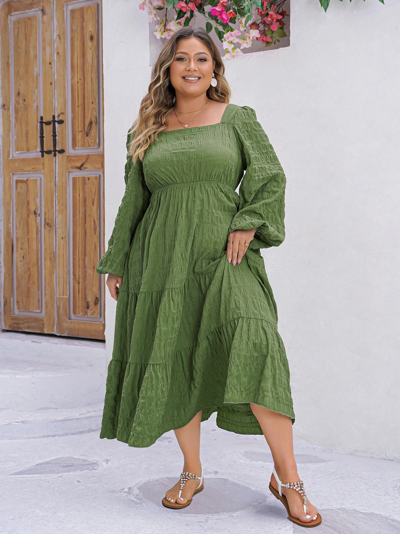 Solid Color 4XL Oversized Empire Outfits Square Collar Long Sleeves Ruffle Casual Long Dresses Beach Plus Size Women Clothing