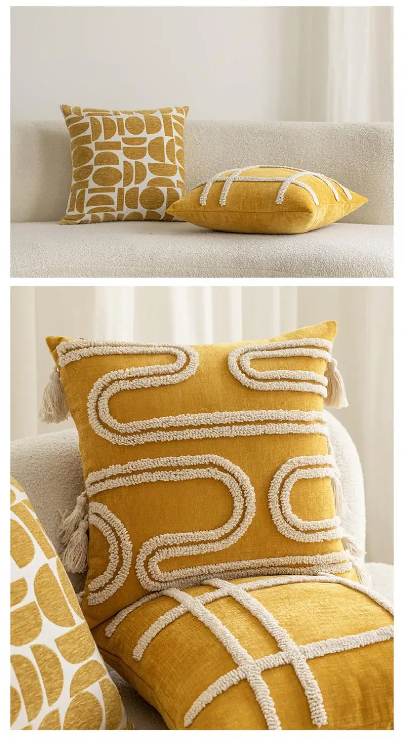 45x45cm Einfacher gelber runder Plüsch-Kissenbezug aus Baumwolle für Sofa und Wohnzimmer, Kopfteilkissenbezüge – Detail 7