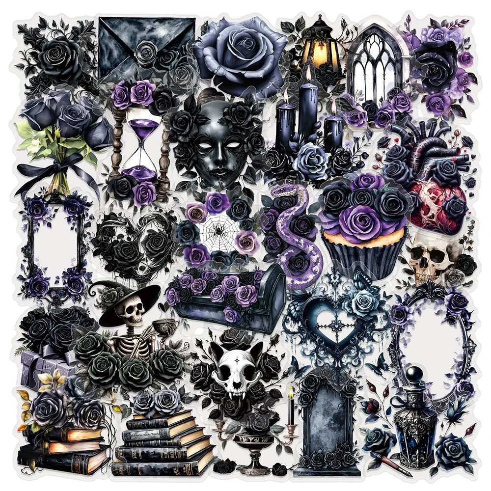 10/30/50pcs Cool Transparent Black Rose Cartoon Sticker Graffiti Decals DIY Luggage Scrapbook Journal Gothic Aesthetic Sticker