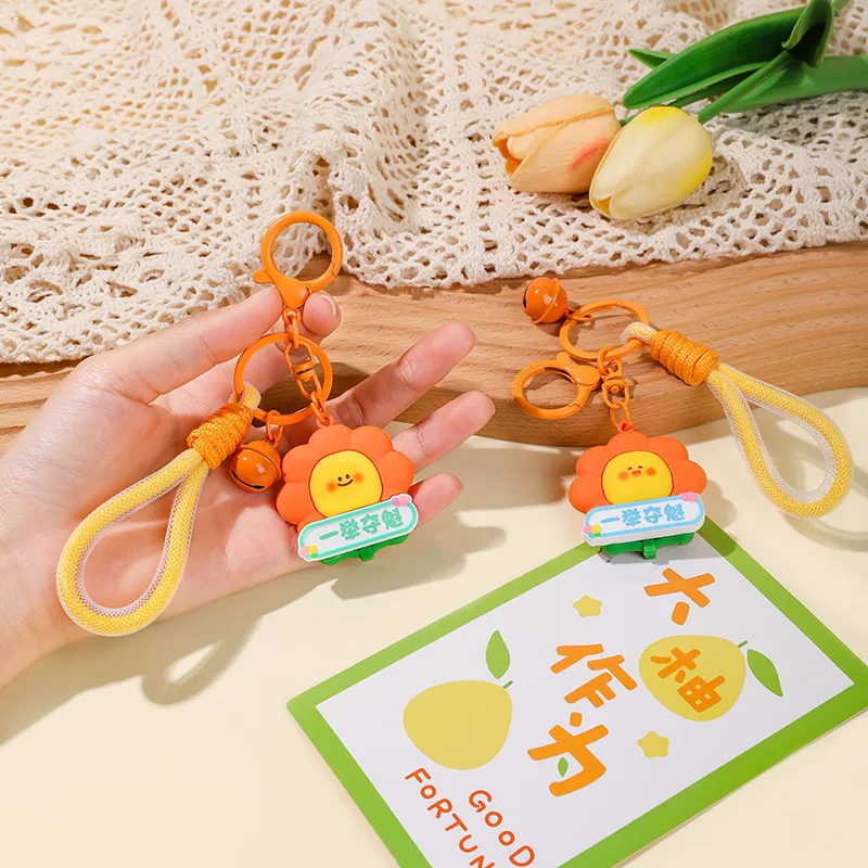 Cute Wins Championship in One Fell Swoop Blue Flower Wool Crochet Sunflower Plant Keychain Bell Braided Rope Sun Flower Keyring