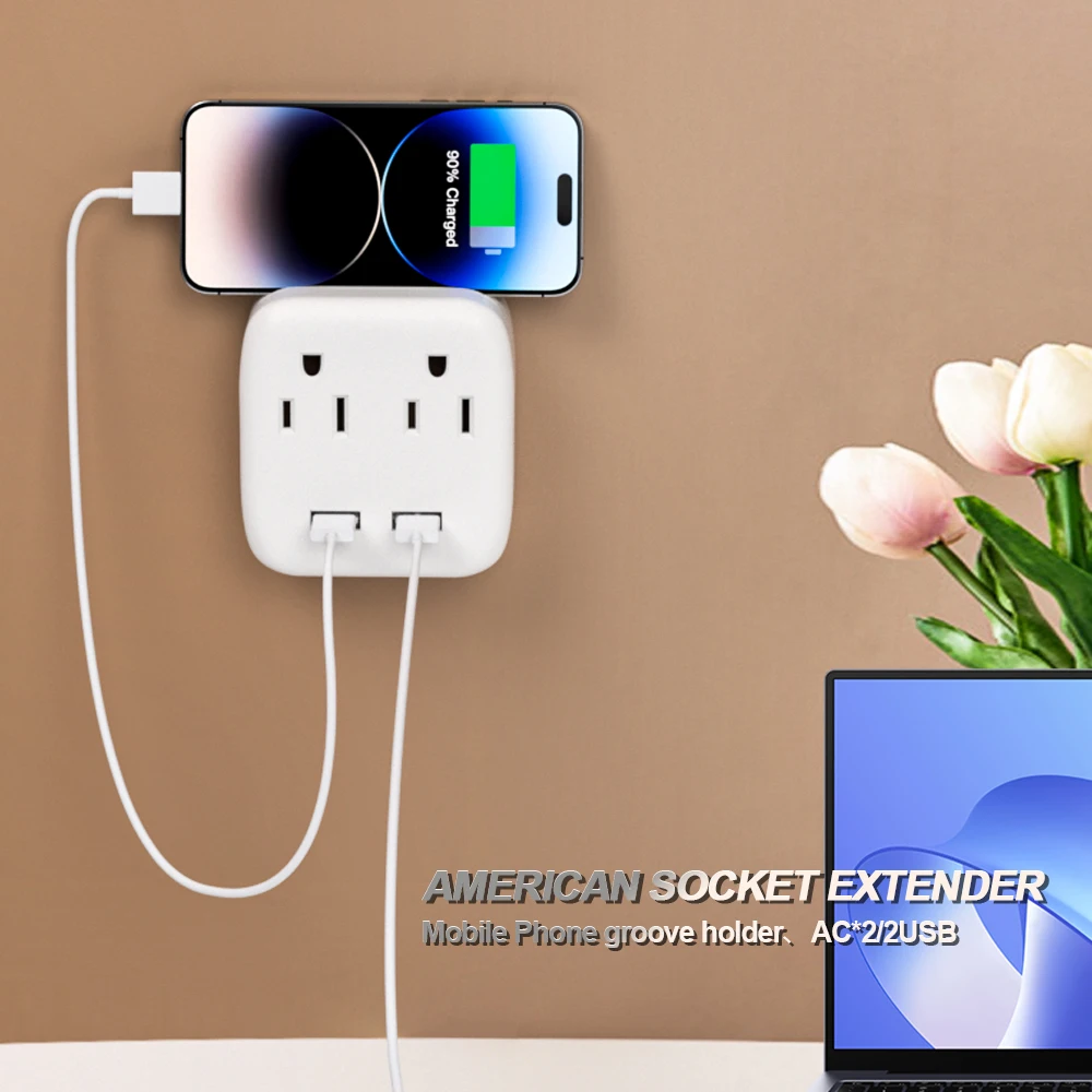 US Plug Mini USB Wall Socket Extender, Double Plug Adapter Multifunctional Power Socket with 2AC Outlets 2 USB-A Port for home